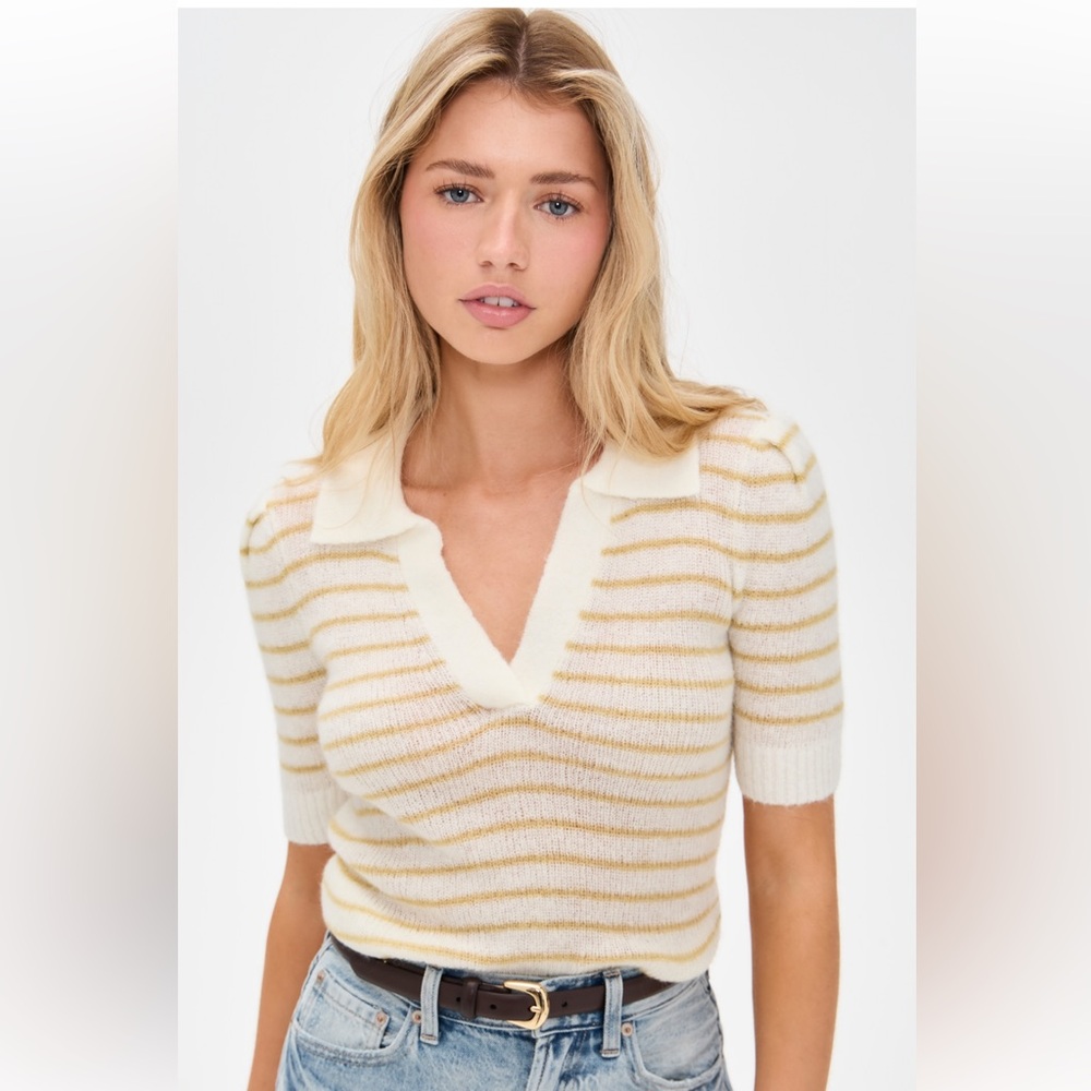 Pistola Cream and Gold Striped V-Neck Sweater